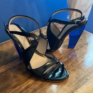 COSTUME NATIONAL black patent leather blue lucite heel strap sandals 37